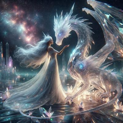 The primary subject of the image is a woman dressed in a white gown, standing next to a dragon. The setting appears to be a fantasy world, with the woman and the dragon being the main focus of the scene. The visual style of the image is digital art, with the woman and the dragon being depicted in a detailed and intricate manner. The colors and mood of the image are predominantly white and blue, giving it a serene and ethereal atmosphere.